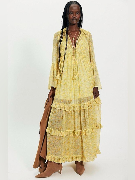 Free People Dresses & Skirts - Free People Weeping Willows Maxi Dress Floral Sundress Yellow XS Oversized Flowy